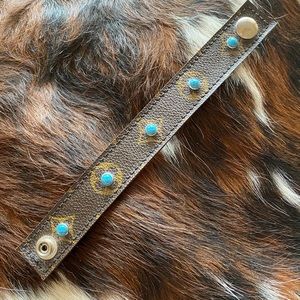 Louis Vuitton leather bracelet made by Vintage BoHo Bags with turquoise stones